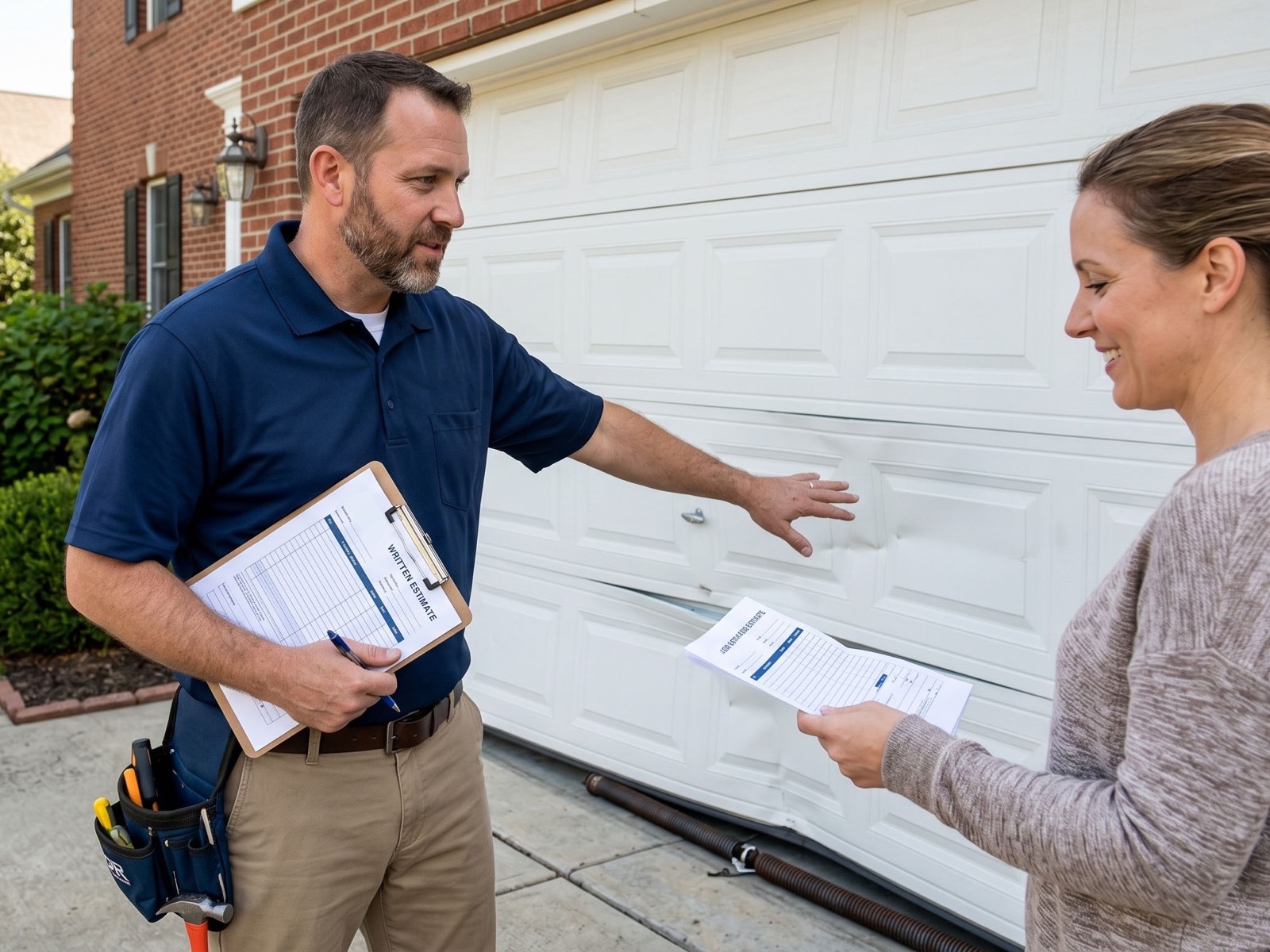 Glacier technician going over a written estimate with a homeowner at a two-car garage door